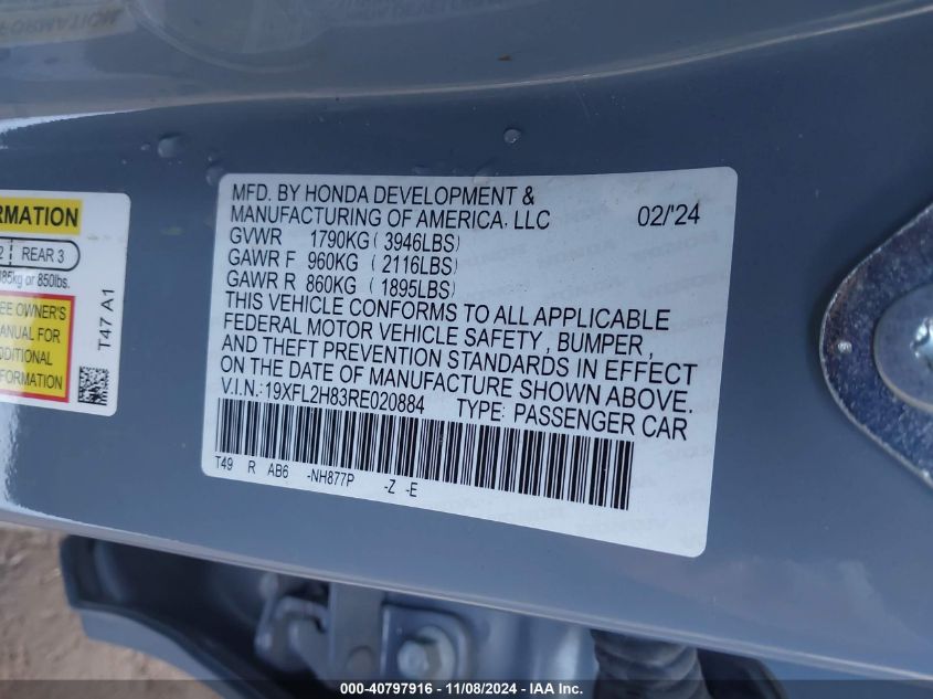 2024 Honda Civic Sport VIN: 19XFL2H83RE020884 Lot: 40797916