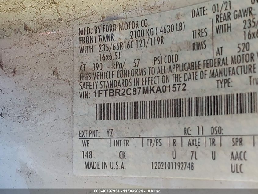 2021 Ford Transit-250 Cargo Van VIN: 1FTBR2C87MKA01572 Lot: 40797934