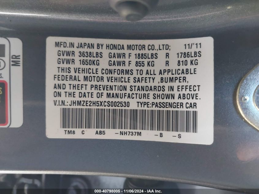 2012 Honda Insight Lx VIN: JHMZE2H5XCS002530 Lot: 40798005