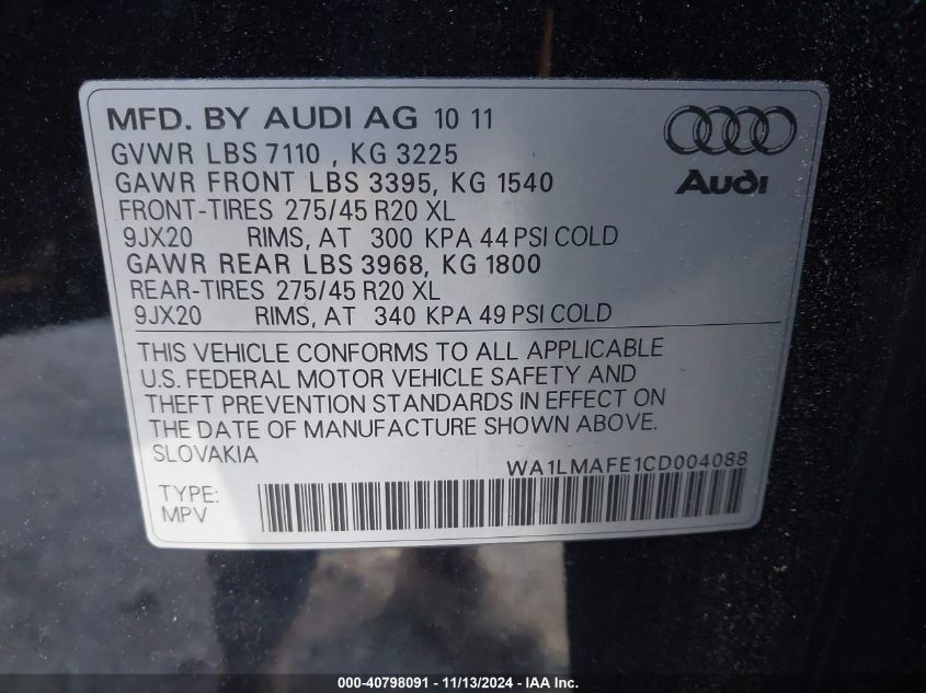 2012 Audi Q7 3.0 Tdi Premium VIN: WA1LMAFE1CD004088 Lot: 40798091