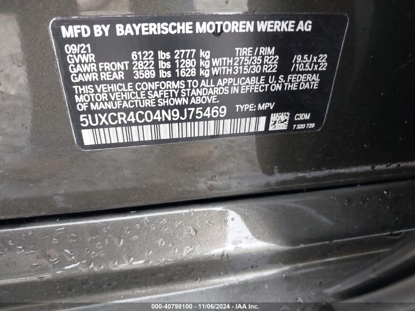 2022 BMW X5 Sdrive40I VIN: 5UXCR4C04N9J75469 Lot: 40798100