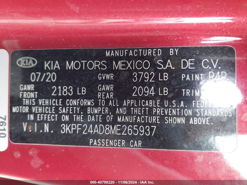 2021 Kia Forte Lxs VIN: 3KPF24AD8ME265937 Lot: 40798220