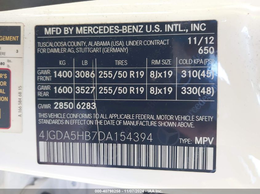 2013 Mercedes-Benz Ml 350 4Matic VIN: 4JGDA5HB7DA154394 Lot: 40798258