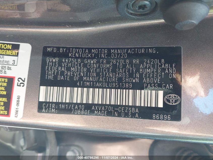 VIN 4T1M11AK0LU951389 2020 Toyota Camry, SE no.9