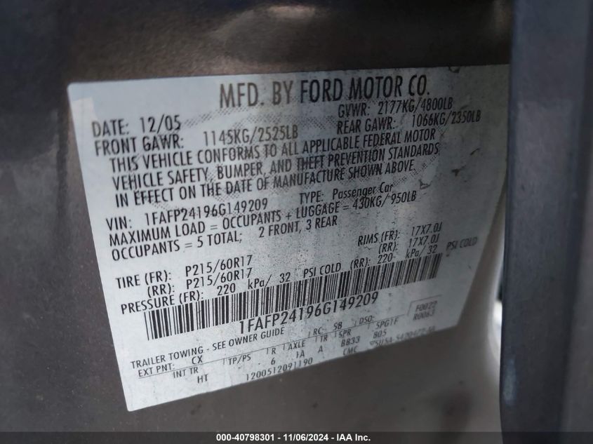 2006 Ford Five Hundred Sel VIN: 1FAFP24196G149209 Lot: 40798301