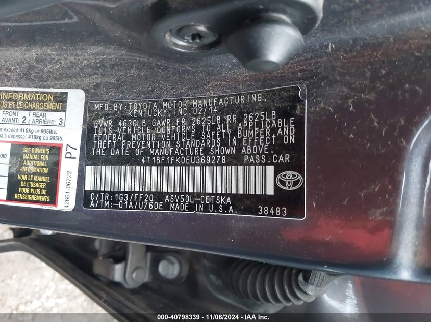 2014 TOYOTA CAMRY VIN: 4T1BF1FK0EU369278