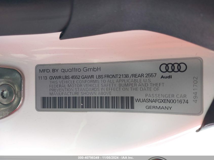 2014 Audi R8 5.2 VIN: WUASNAFGXEN001674 Lot: 40798349