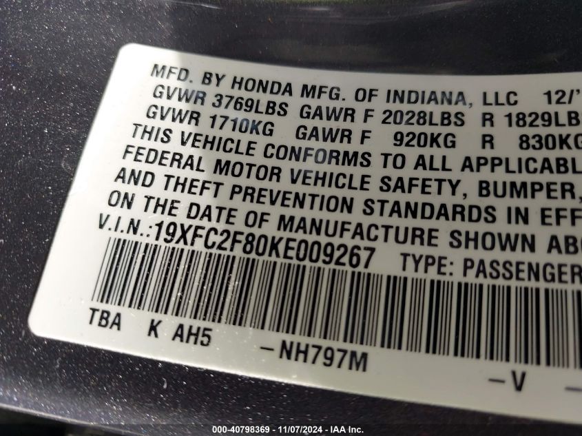 2019 Honda Civic Sport VIN: 19XFC2F80KE009267 Lot: 40798369