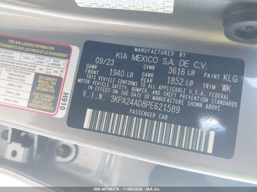 2023 KIA RIO 1.6L I-4 DOHC, VVT, (VIN: 3KPA24AD8PE621589
