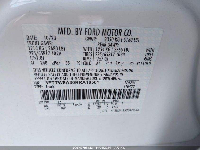 2024 Ford Maverick Xl VIN: 3FTTW8A30RRA18501 Lot: 40798423