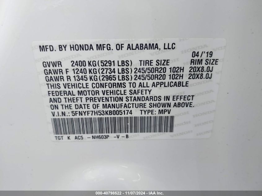 2019 Honda Passport Ex-L VIN: 5FNYF7H53KB005174 Lot: 40798522