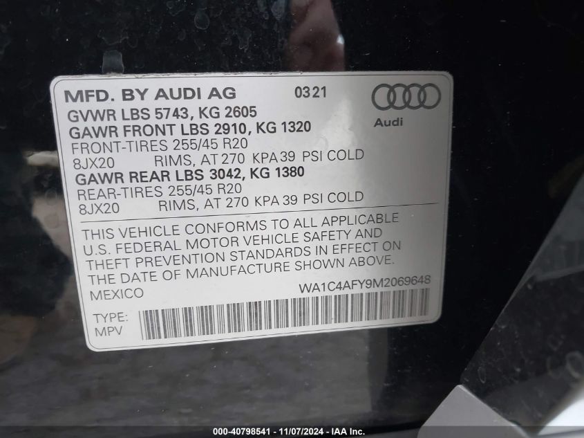 2021 Audi Sq5 Prestige Tfsi Quattro Tiptronic VIN: WA1C4AFY9M2069648 Lot: 40798541