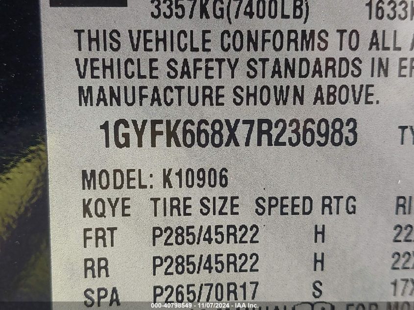 2007 Cadillac Escalade Esv Standard VIN: 1GYFK668X7R236983 Lot: 40798549