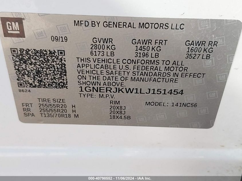 2020 Chevrolet Traverse Fwd Rs VIN: 1GNERJKW1LJ151454 Lot: 40798552