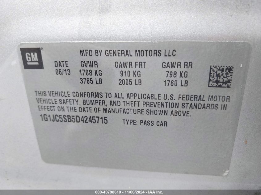 2013 Chevrolet Sonic Lt Auto VIN: 1G1JC5SB5D4245715 Lot: 40798610