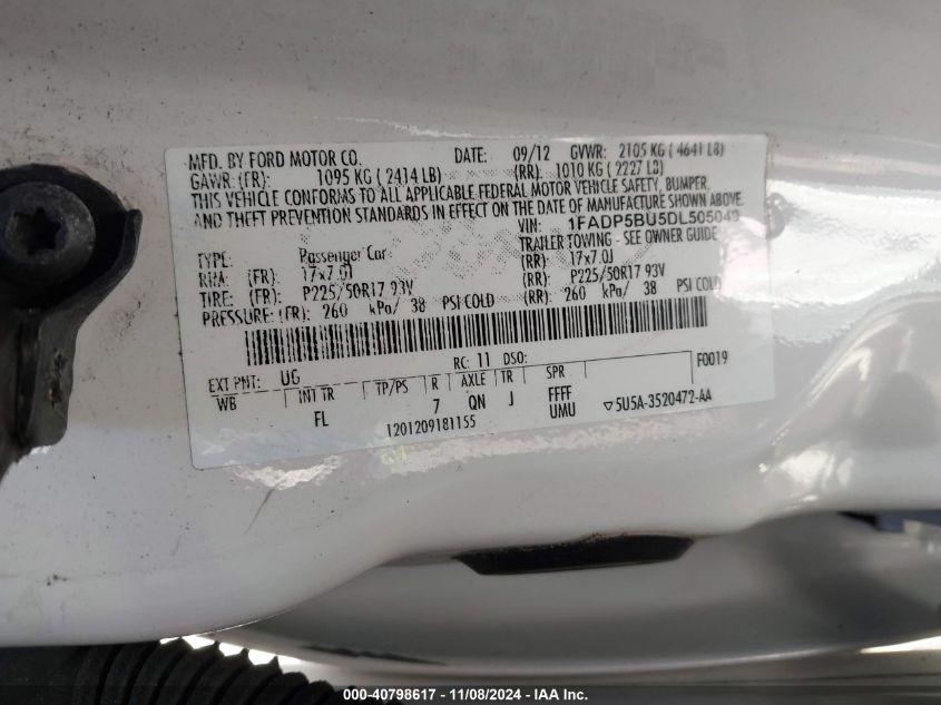 2013 Ford C-Max Hybrid Sel VIN: 1FADP5BU5DL505049 Lot: 40798617