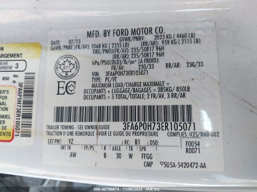 2014 FORD FUSION SE - 3FA6P0H73ER105071