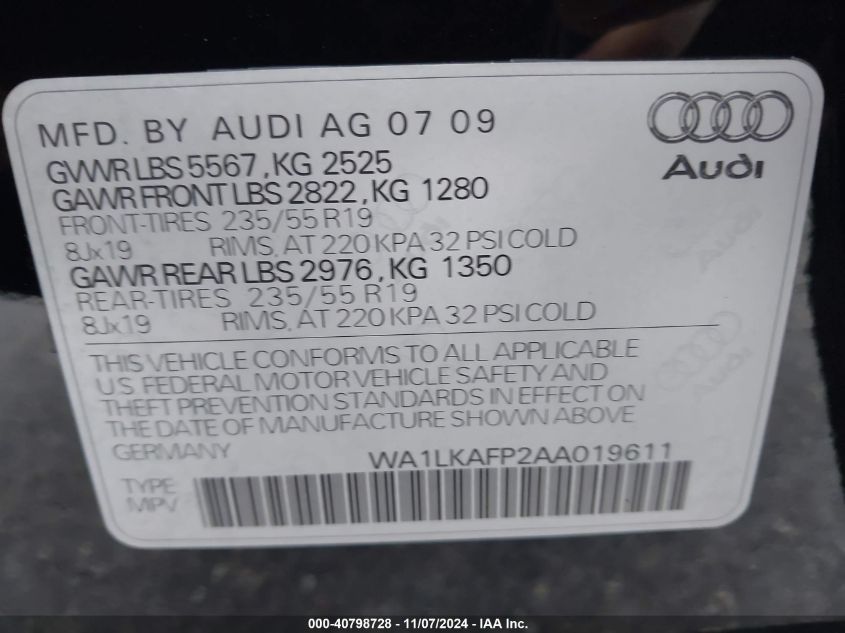 2010 Audi Q5 3.2 Premium VIN: WA1LKAFP2AA019611 Lot: 40798728