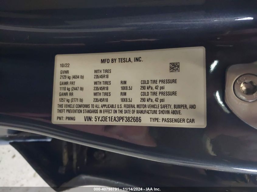 2023 Tesla Model 3 Rear-Wheel Drive VIN: 5YJ3E1EA3PF382686 Lot: 40798791