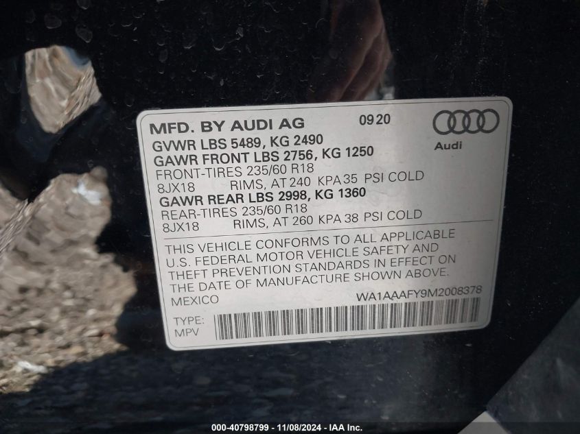 VIN WA1AAAFY9M2008378 2021 AUDI Q5 no.9