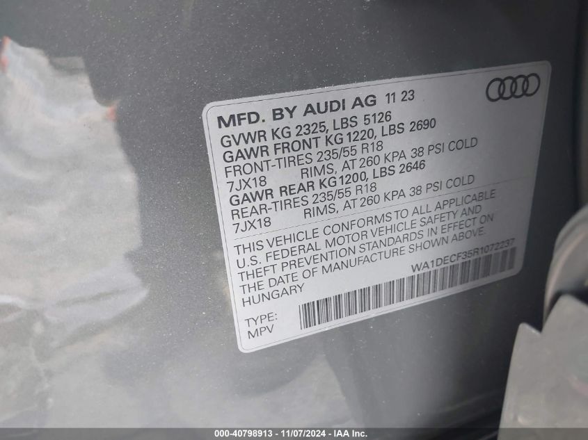 2024 Audi Q3 Premium 45 Tfsi S Line Quattro Tiptronic VIN: WA1DECF35R1072237 Lot: 40798913