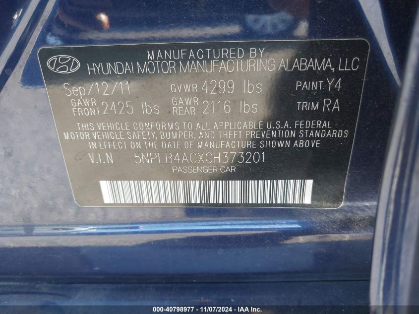 2012 Hyundai Sonata Gls VIN: 5NPEB4ACXCH373201 Lot: 40798977