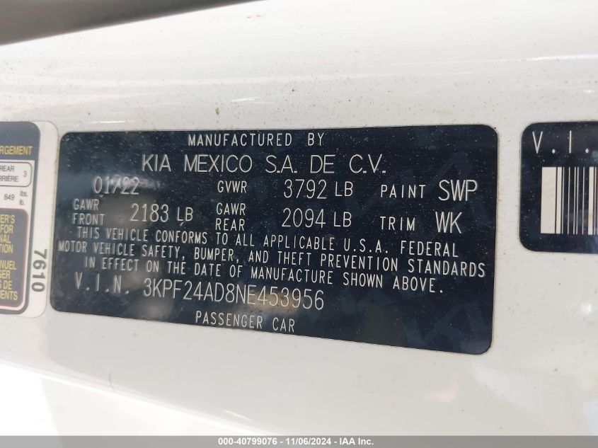 2022 Kia Forte Lxs VIN: 3KPF24AD8NE453956 Lot: 40799076