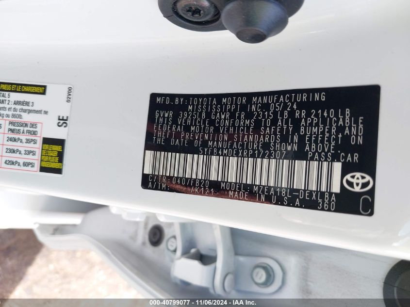 VIN 5YFB4MDEXRP172307 2024 TOYOTA COROLLA LE