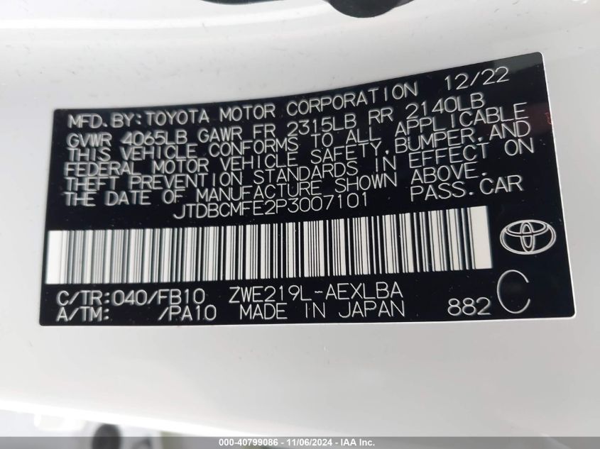 2023 Toyota Corolla Hybrid Le VIN: JTDBCMFE2P3007101 Lot: 40799086