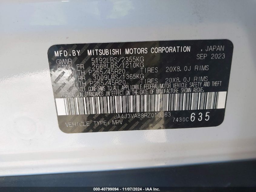 2024 Mitsubishi Outlander Se 2.5 2Wd/Se Black Edition S-Awc/Se Black Edition W/Pano Roof VIN: JA4J3VA88RZ019363 Lot: 40799094