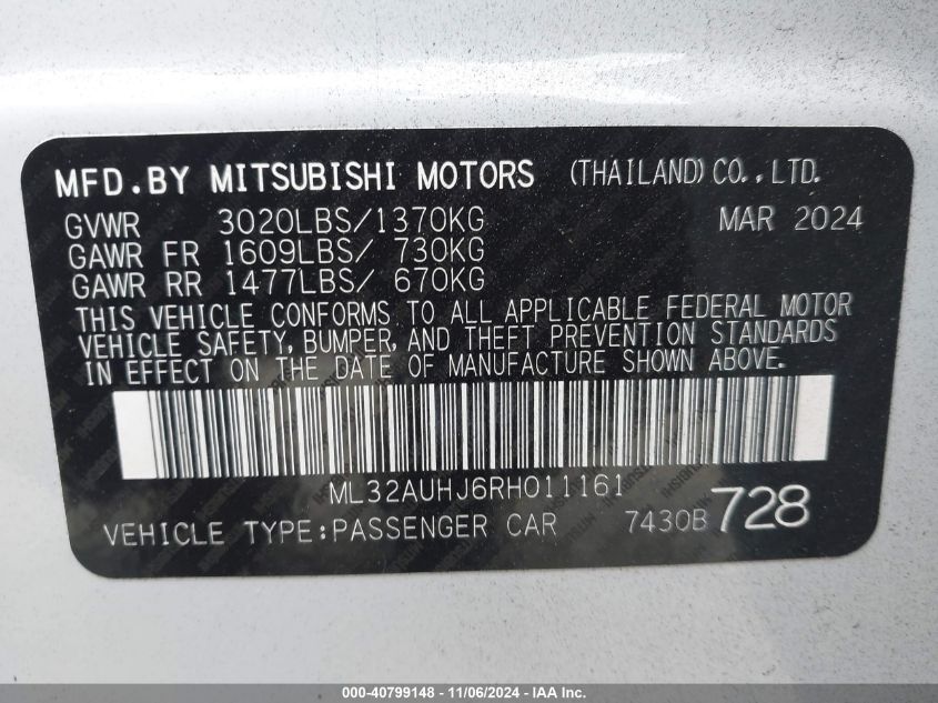 2024 Mitsubishi Mirage Es/Le VIN: ML32AUHJ6RH011161 Lot: 40799148