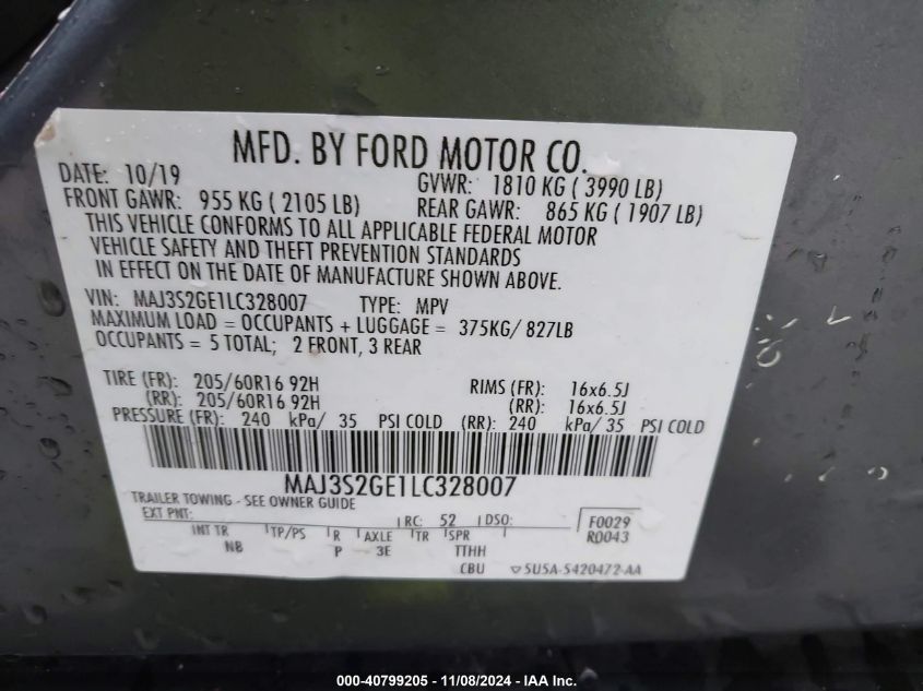 2020 Ford Ecosport Se VIN: MAJ3S2GE1LC328007 Lot: 40799205