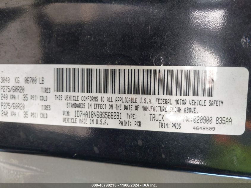 2008 Dodge Ram 1500 Slt VIN: 1D7HA18N68S568281 Lot: 40799215