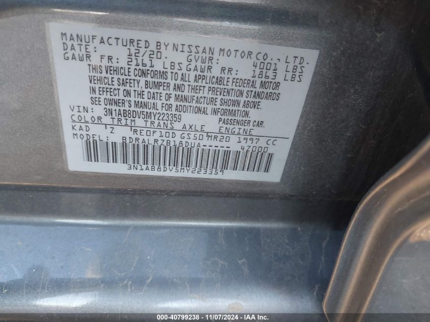 2021 Nissan Sentra Sr Xtronic Cvt VIN: 3N1AB8DV5MY223359 Lot: 40799238