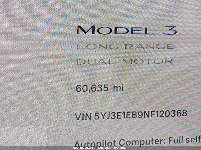 2022 Tesla Model 3 Long Range Dual Motor All-Wheel Drive VIN: 5YJ3E1EB9NF120368 Lot: 40799371