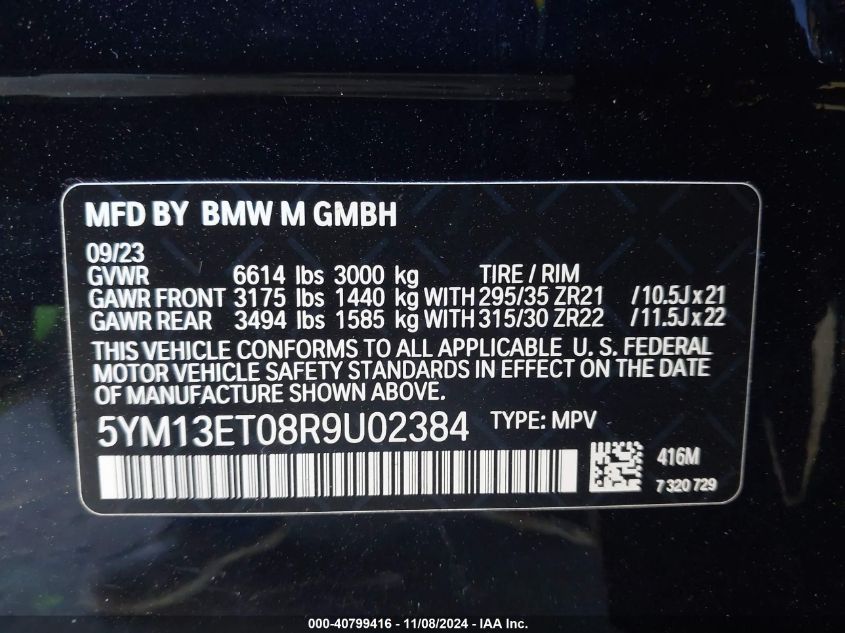 2024 BMW X5 M VIN: 5YM13ET08R9U02384 Lot: 40799416