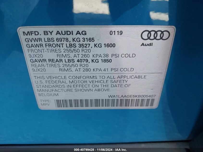 2019 Audi E-Tron Premium Plus VIN: WA1LAAGE5KB005407 Lot: 40799428