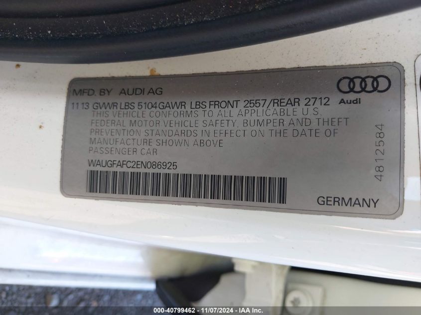 2014 Audi A6 2.0T Premium VIN: WAUGFAFC2EN086925 Lot: 40799462