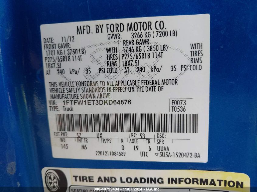 VIN 1FTFW1ET3DKD64876 2013 FORD F-150 no.9