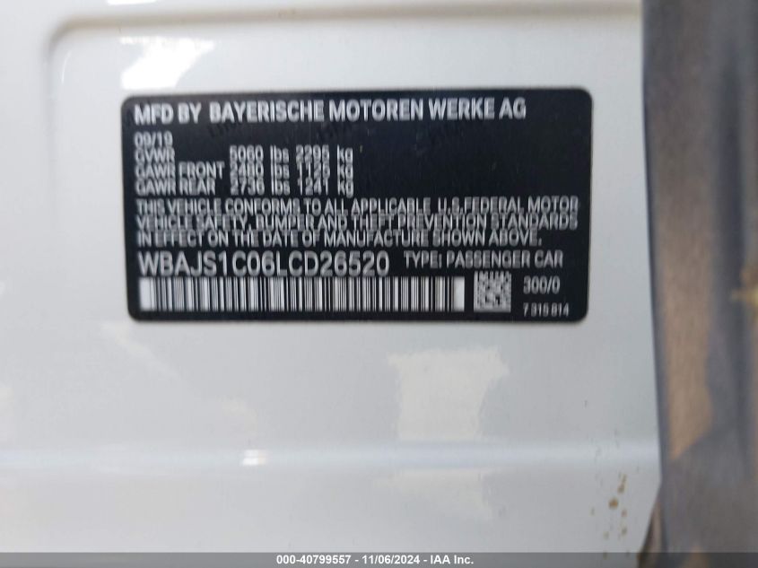 2020 BMW 540I VIN: WBAJS1C06LCD26520 Lot: 40799557