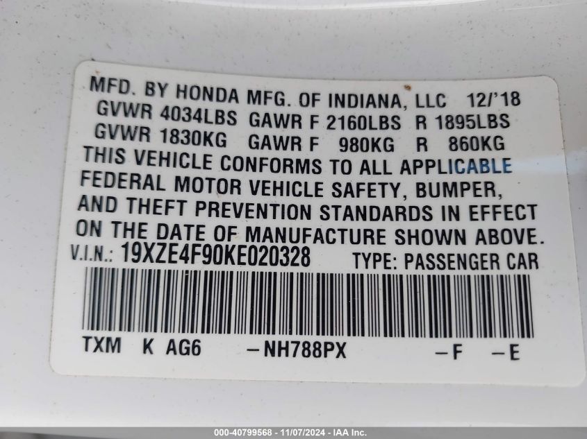 2019 Honda Insight Touring VIN: 19XZE4F90KE020328 Lot: 40799568