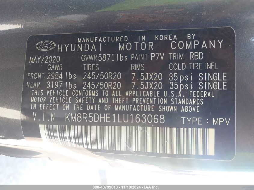 2020 Hyundai Palisade Limited VIN: KM8R5DHE1LU163068 Lot: 40799610