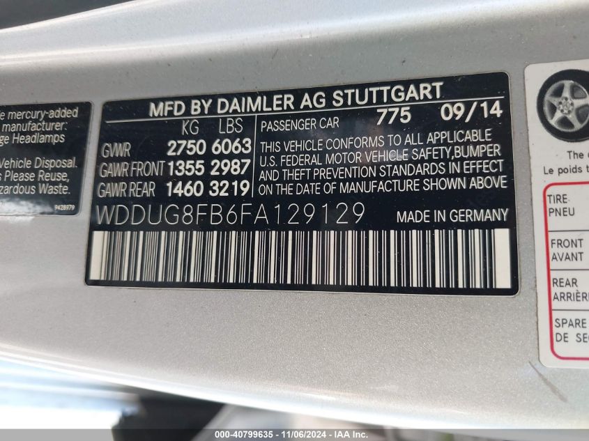 2015 Mercedes-Benz S 550 4Matic VIN: WDDUG8FB6FA129129 Lot: 40799635