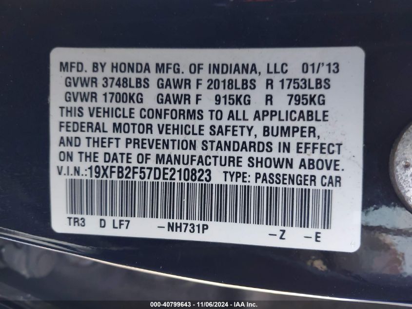 2013 Honda Civic Lx VIN: 19XFB2F57DE210823 Lot: 40799643