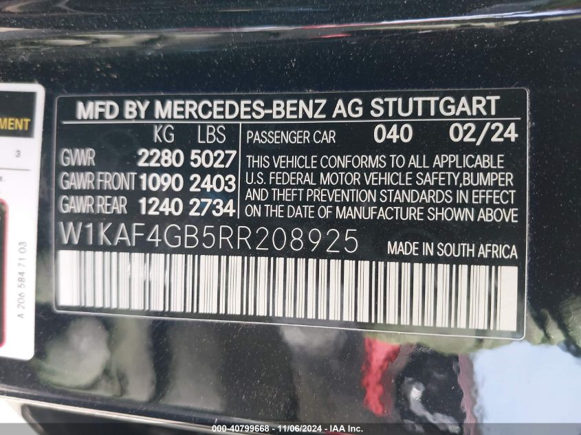 2024 Mercedes-Benz C 300 VIN: W1KAF4GB5RR208925 Lot: 40799668