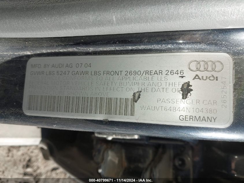 2004 Audi A6 Avant VIN: WAUVT64B44N104380 Lot: 40799671