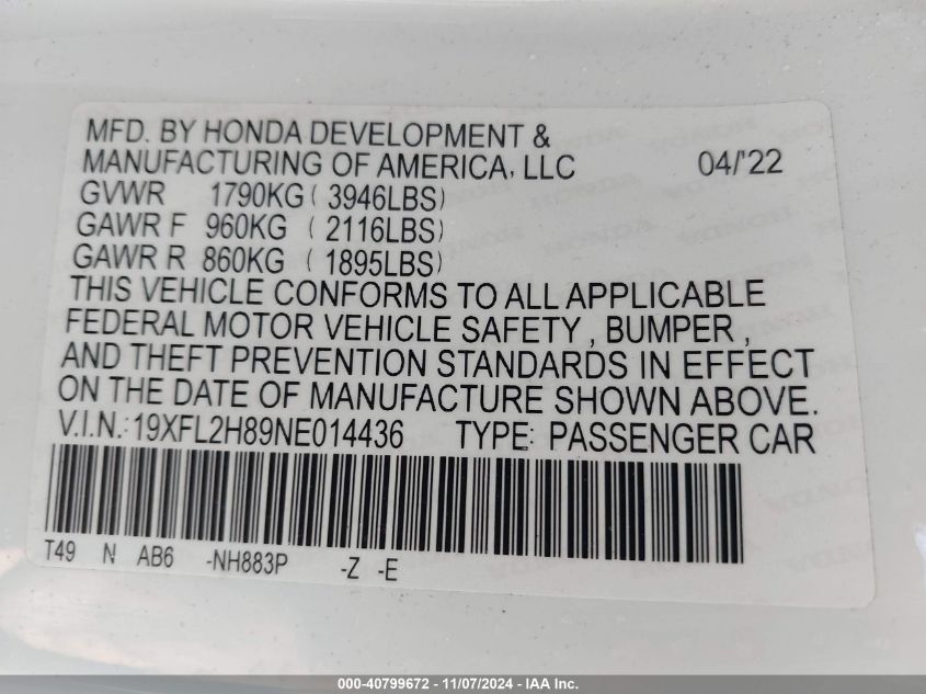 2022 HONDA CIVIC VIN: 19XFL2H89NE014436