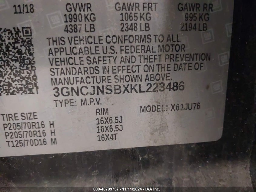 2019 CHEVROLET TRAX LS - 3GNCJNSBXKL223486