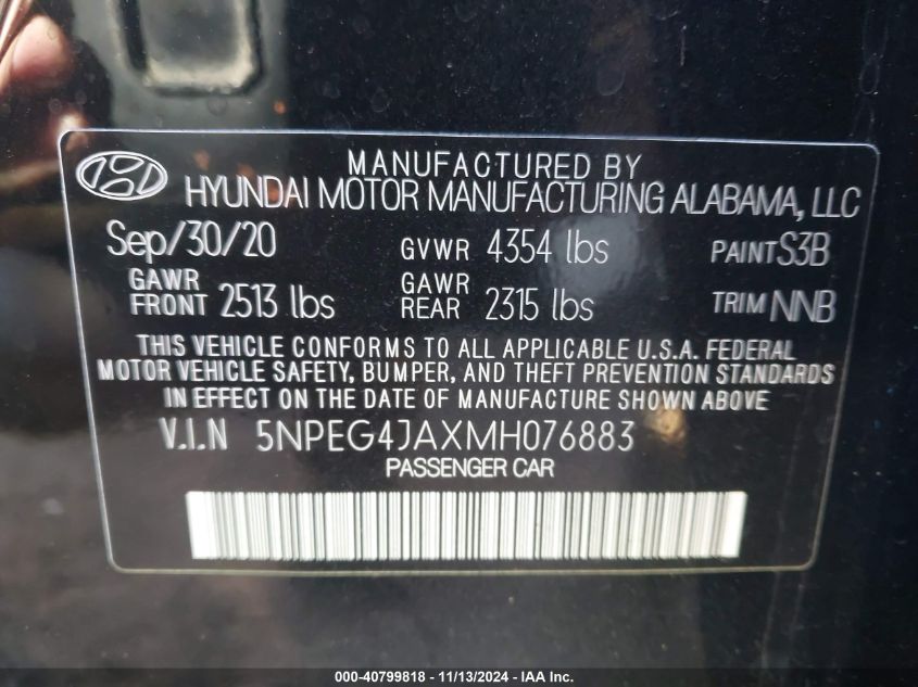 2021 Hyundai Sonata Se VIN: 5NPEG4JAXMH076883 Lot: 40799818