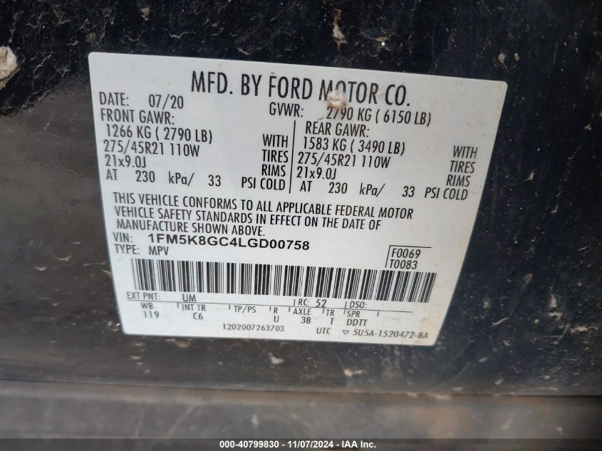 2020 Ford Explorer St VIN: 1FM5K8GC4LGD00758 Lot: 40799830